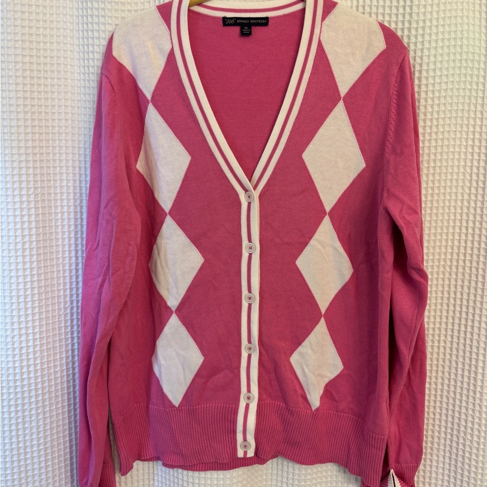 Brooks Brothers Pink and White Argyle Cardigan Sweater